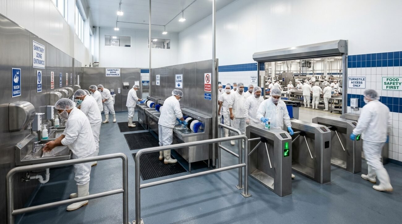 Vista ampla de barreira sanitária industrial completa com catracas e pias de aço inox em uma fábrica moderna.
