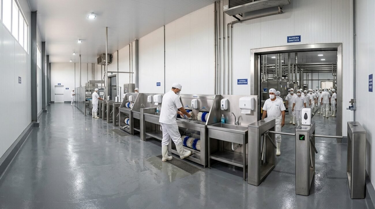 Vista ampla de barreira sanitária para frigorífico com estações de inox e catracas em ambiente industrial moderno.