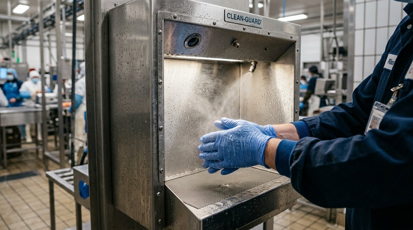 Detalhe de mãos usando esterilizador automático em uma barreira sanitária para indústria alimentícia de alta tecnologia.