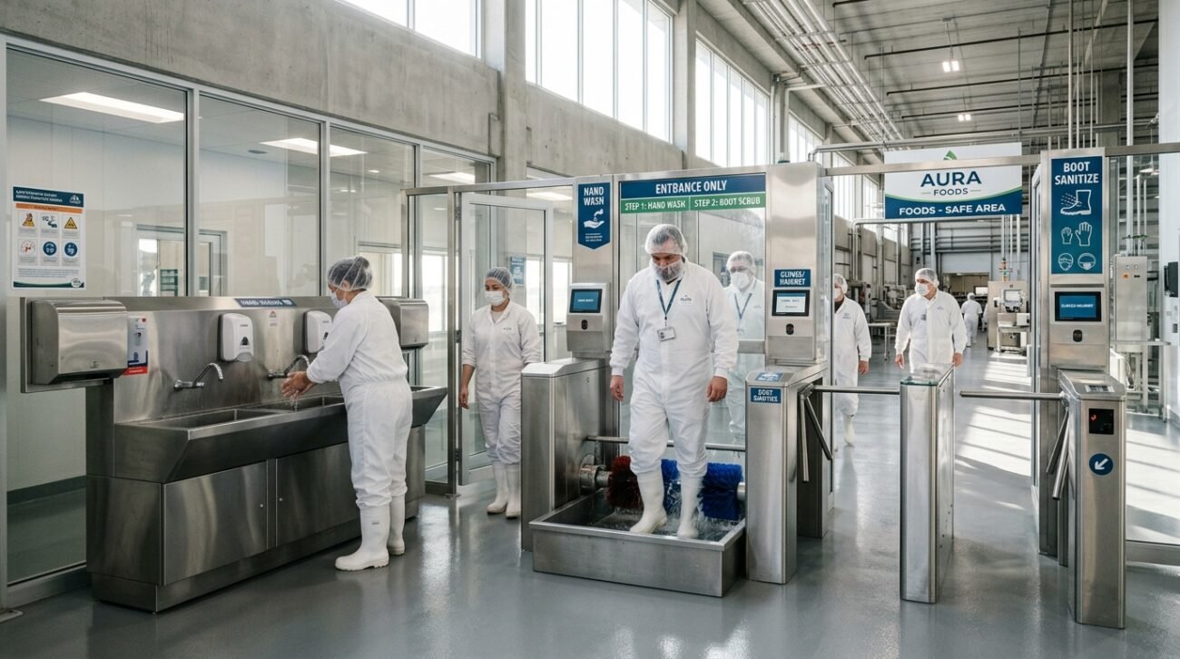 Trabalhadores passando por barreira sanitária para indústria alimentícia em um amplo corredor de aço inox e luz natural.