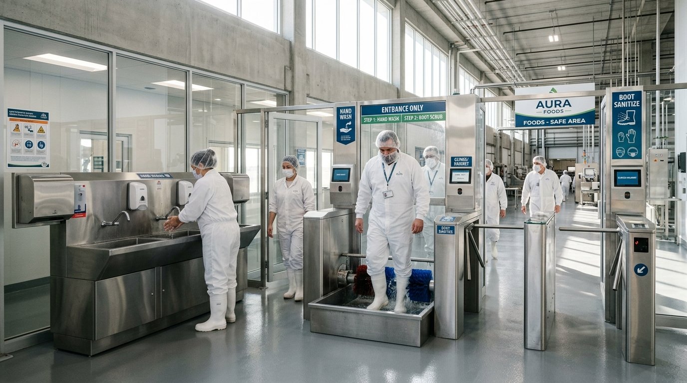 Trabalhadores passando por barreira sanitária para indústria alimentícia em um amplo corredor de aço inox e luz natural.
