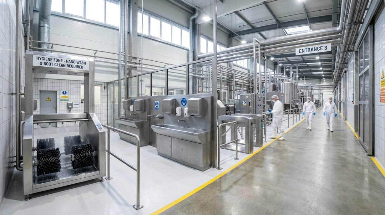Visão ampla de uma barreira sanitária para laticínio com equipamentos de inox em um corredor industrial iluminado.