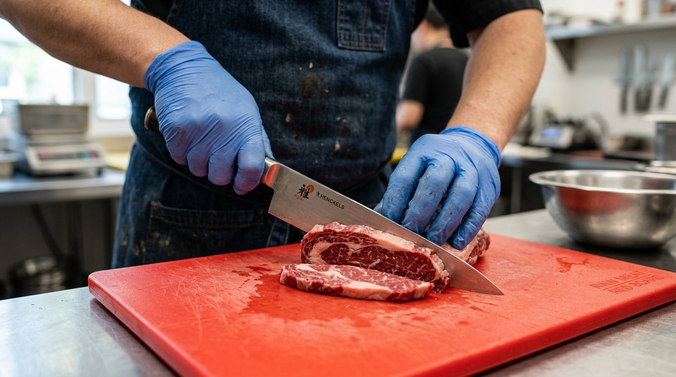 Close nas mãos de um chef usando tábua vermelha e luvas sobre como prevenir a contaminação cruzada com alimentos crus.
