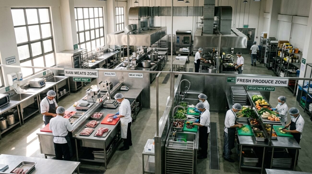 Cozinha industrial organizada com setores divididos para ensinar como prevenir a contaminação cruzada em larga escala.