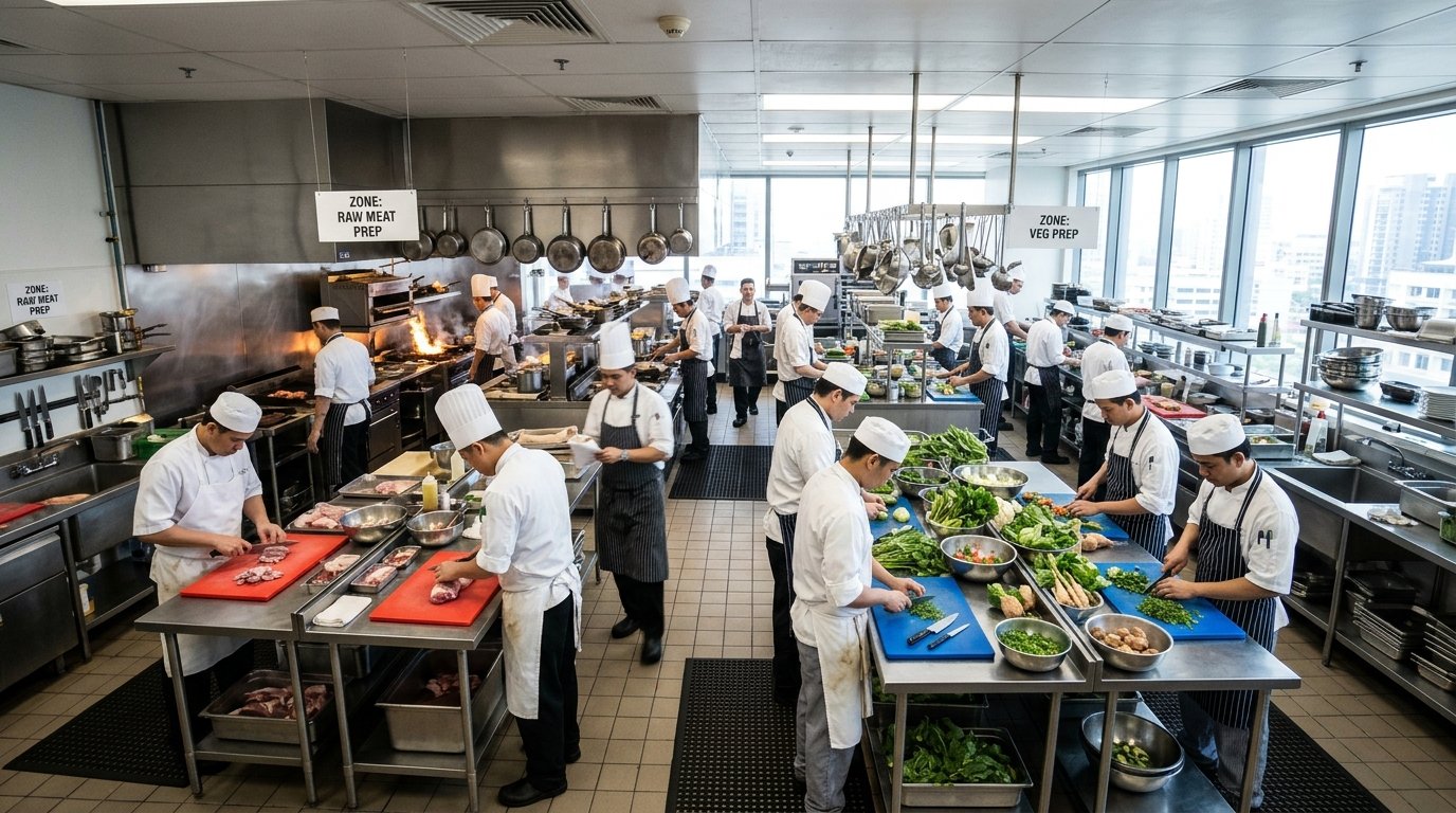 Cozinha industrial organizada com chefs em ação destacando a prevenção da contaminação cruzada de alimentos em larga escala.