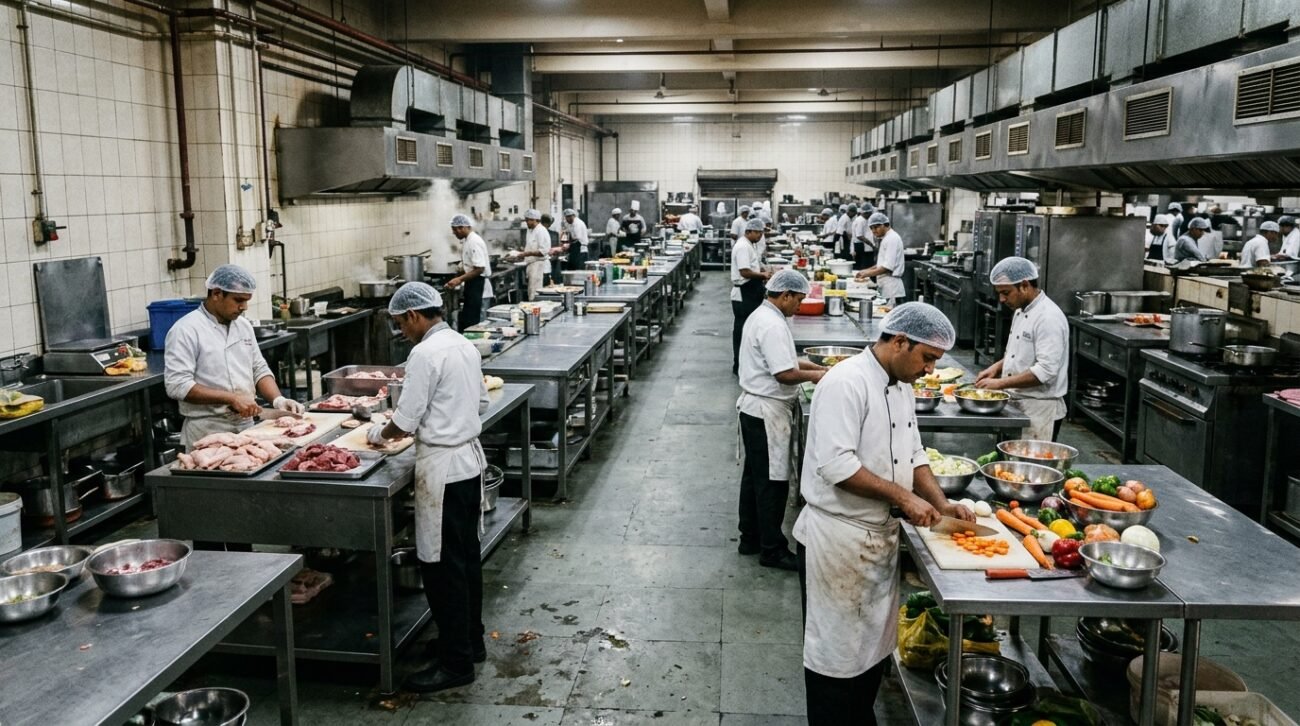 Visão ampla de cozinha industrial com chefs em bancadas de inox onde pode ocorrer contaminação cruzada entre os alimentos.