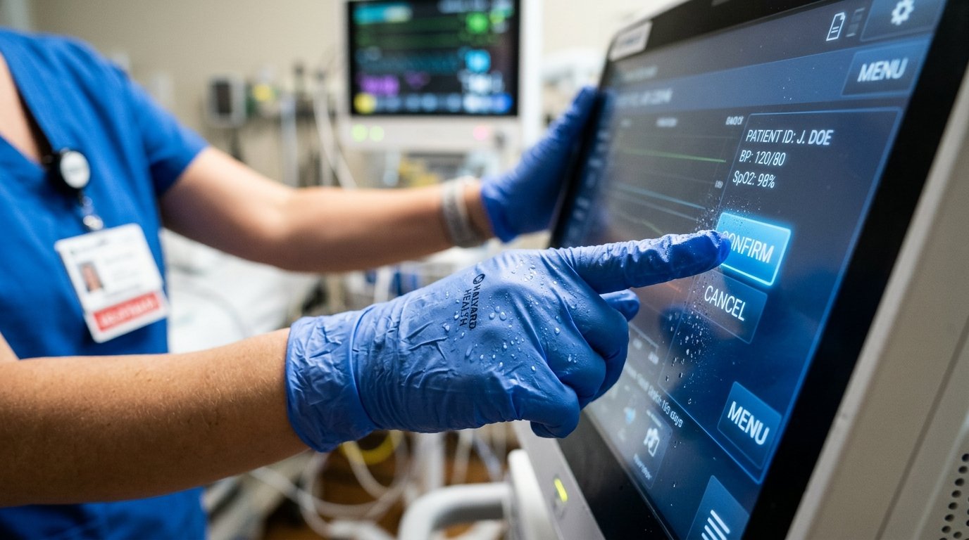 Close nas mãos enluvadas de um profissional operando monitor médico para evitar contaminação cruzada hospitalar.