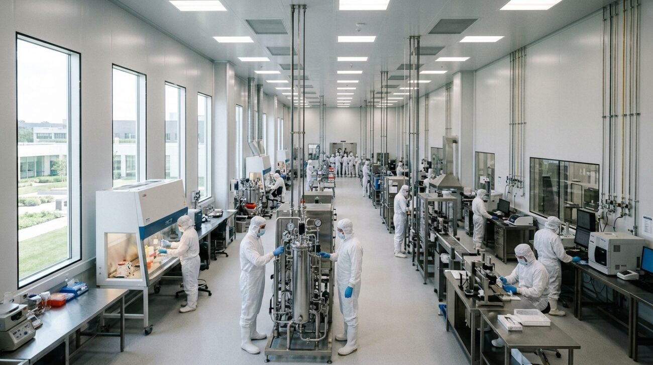 Visão ampla de laboratório tecnológico com profissionais em trajes especiais mantendo o controle de contaminação rigoroso.