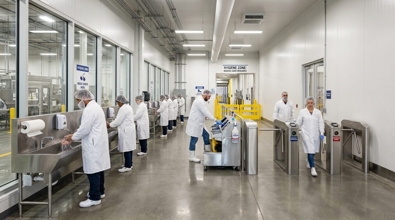 Vista panorâmica da estrutura de uma barreira sanitária com estações de higienização e funcionários em área industrial.