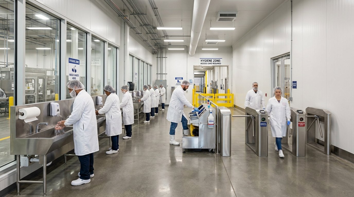 Vista panorâmica da estrutura de uma barreira sanitária com estações de higienização e funcionários em área industrial.