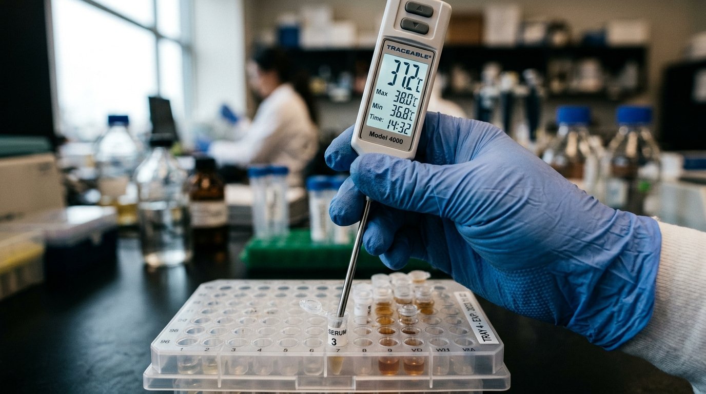 Close técnico em equipamento de medição de temperatura ilustrando exemplos de barreiras sanitárias operacionais.