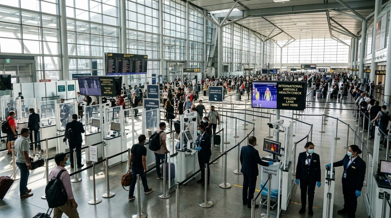 Vista ampla de aeroporto com postos de triagem e biosecurity como exemplos de barreiras sanitárias em escala global.